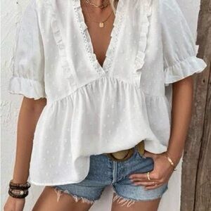 White Swiss Dot Ruffle V-Neck Peplum Top - Women